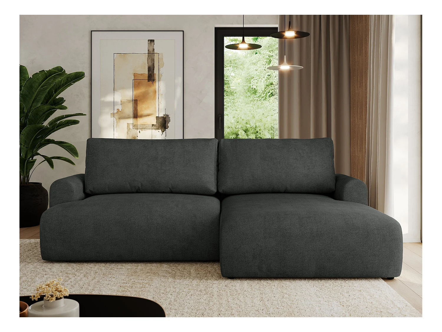 Ecksofa TONO - mit Schlaffunktion und Bettkasten, L-form Ecke, Armlehnen - Dunkelgrau Struktur - Ecke Rechts