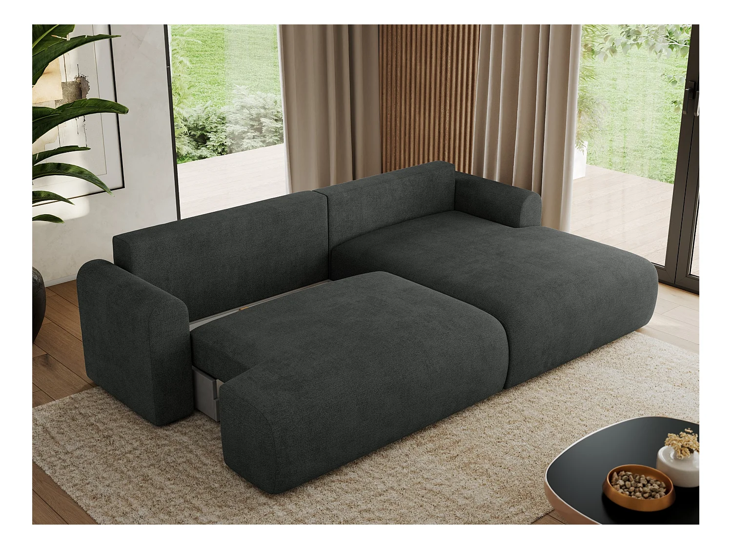 Ecksofa TONO - mit Schlaffunktion und Bettkasten, L-form Ecke, Armlehnen - Dunkelgrau Struktur - Ecke Rechts