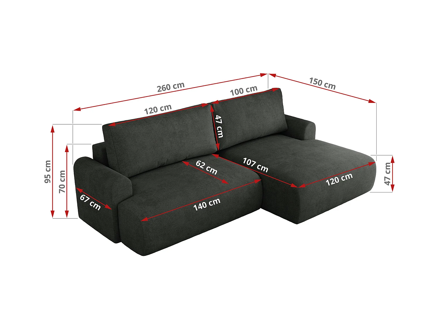 Ecksofa TONO - mit Schlaffunktion und Bettkasten, L-form Ecke, Armlehnen - Dunkelgrau Struktur - Ecke Rechts