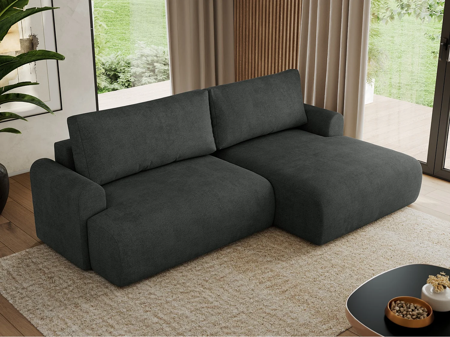 Ecksofa TONO - mit Schlaffunktion und Bettkasten, L-form Ecke, Armlehnen - Dunkelgrau Struktur - Ecke Rechts