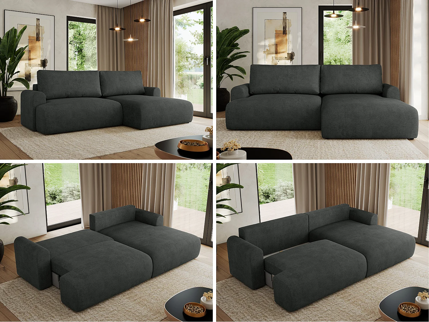 Ecksofa TONO - mit Schlaffunktion und Bettkasten, L-form Ecke, Armlehnen - Dunkelgrau Struktur - Ecke Rechts