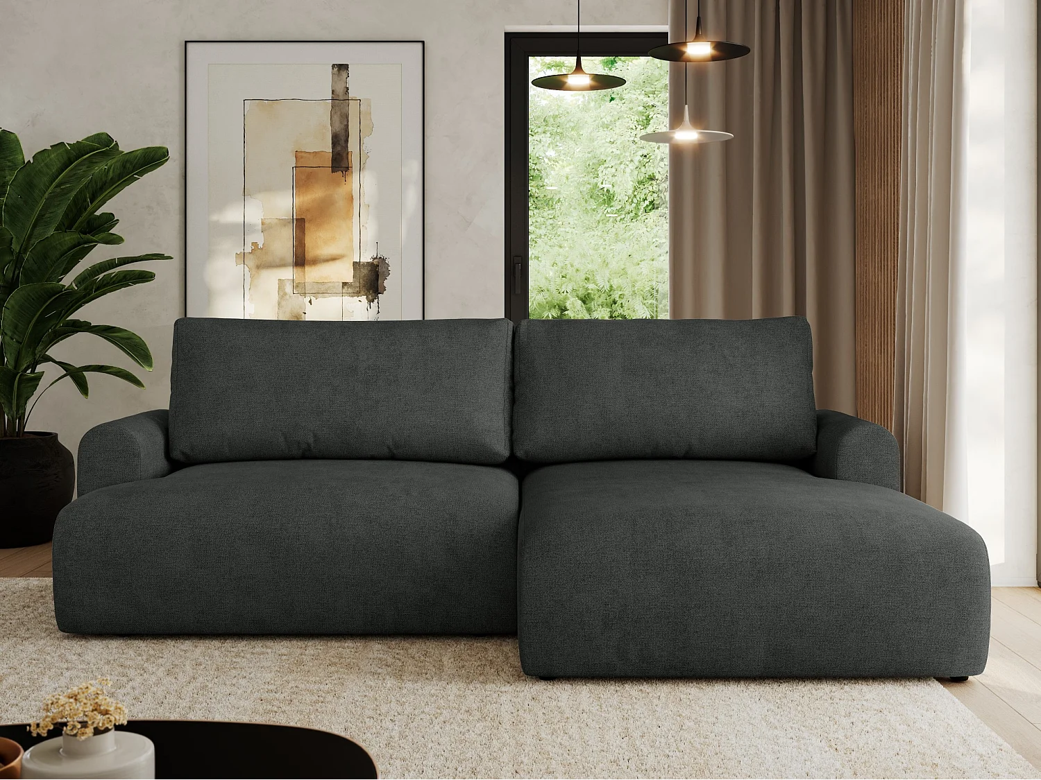 Ecksofa TONO - mit Schlaffunktion und Bettkasten, L-form Ecke, Armlehnen - Dunkelgrau Struktur - Ecke Rechts