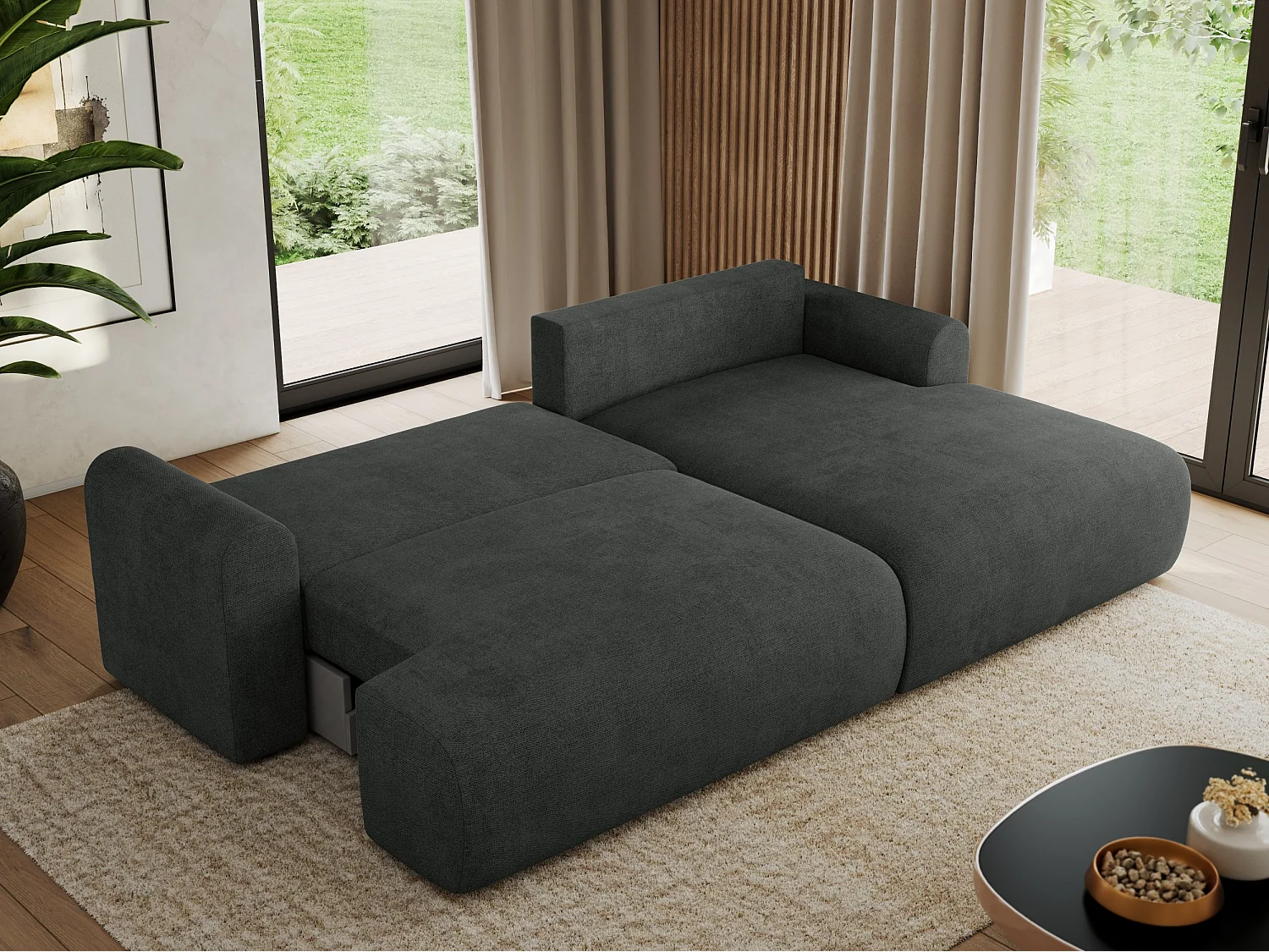 Ecksofa TONO - mit Schlaffunktion und Bettkasten, L-form Ecke, Armlehnen - Dunkelgrau Struktur - Ecke Rechts