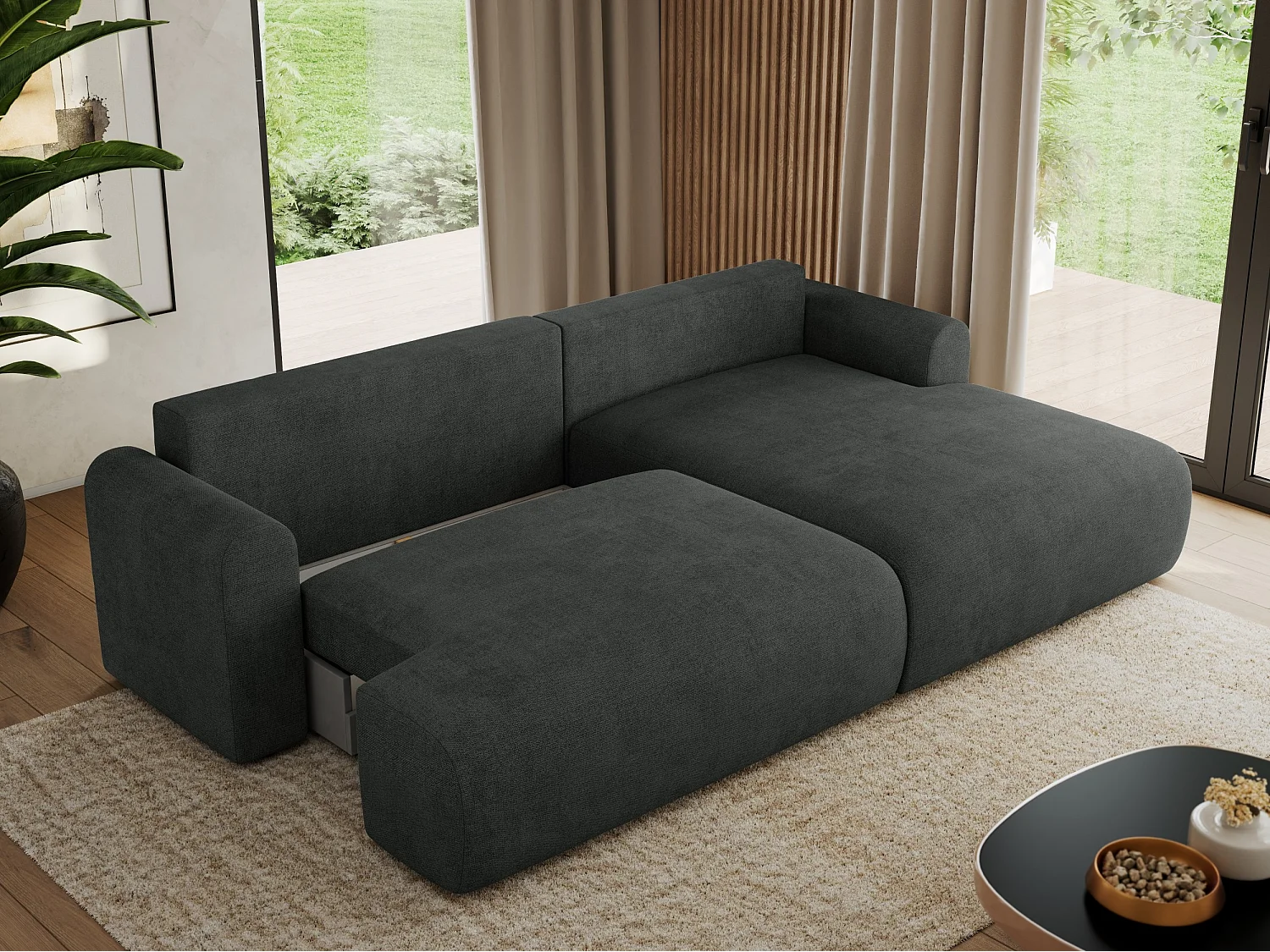 Ecksofa TONO - mit Schlaffunktion und Bettkasten, L-form Ecke, Armlehnen - Dunkelgrau Struktur - Ecke Rechts