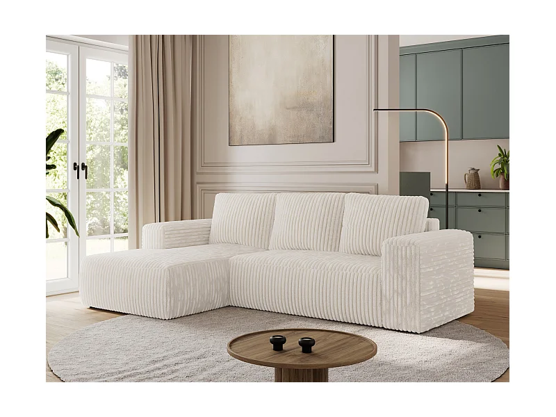 Ecksofa TRENTINO - mit Schlaffunktion und Bettkasten, L-form Couch, lose Kissen und Armlehnen - Beige Cord - Ecke Links