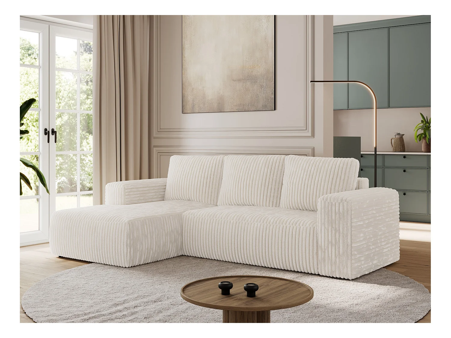 Ecksofa TRENTINO - mit Schlaffunktion und Bettkasten, L-form Couch, lose Kissen und Armlehnen - Beige Cord - Ecke Links