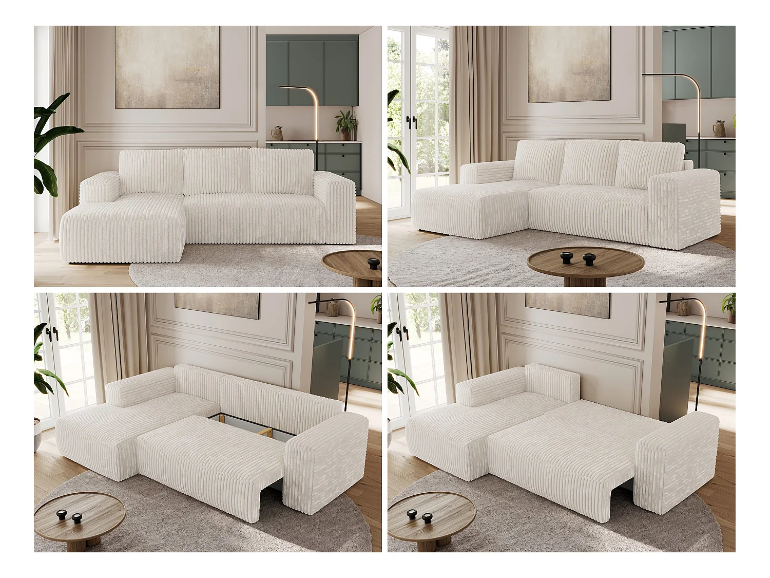 Ecksofa TRENTINO - mit Schlaffunktion und Bettkasten, L-form Couch, lose Kissen und Armlehnen - Beige Cord - Ecke Links