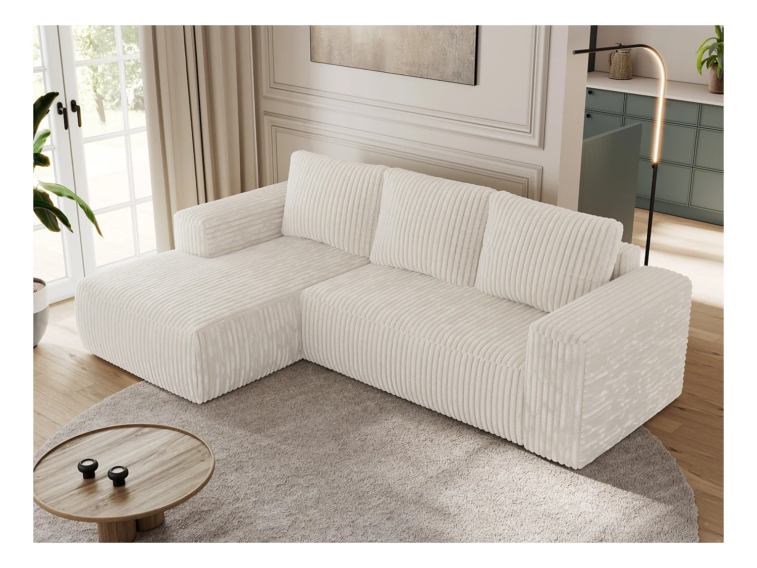 Ecksofa TRENTINO - mit Schlaffunktion und Bettkasten, L-form Couch, lose Kissen und Armlehnen - Beige Cord - Ecke Links