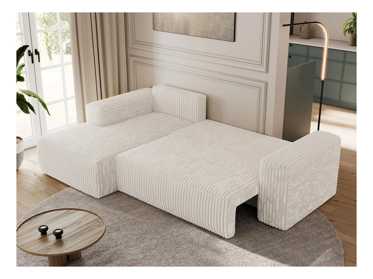 Ecksofa TRENTINO - mit Schlaffunktion und Bettkasten, L-form Couch, lose Kissen und Armlehnen - Beige Cord - Ecke Links