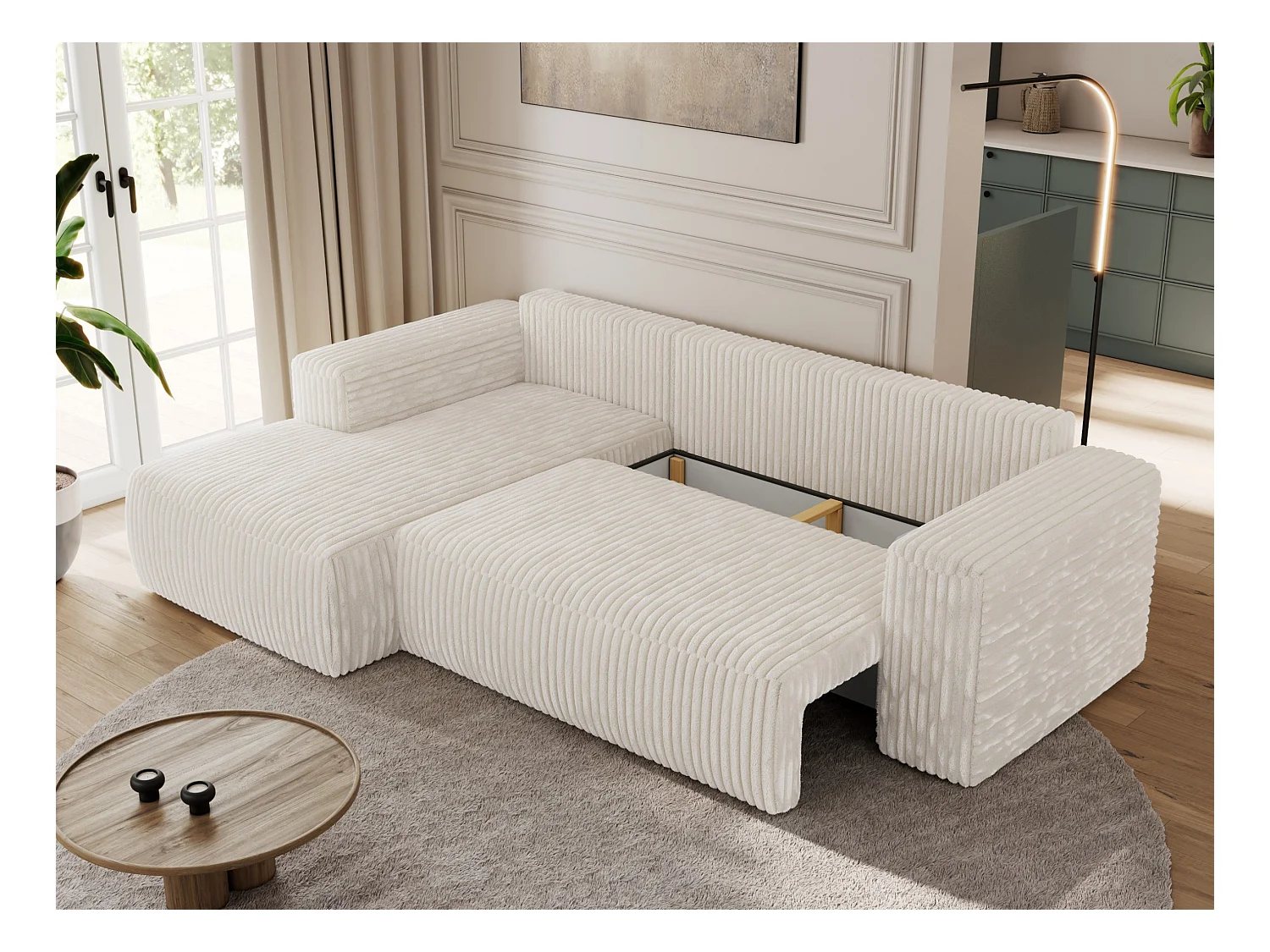 Ecksofa TRENTINO - mit Schlaffunktion und Bettkasten, L-form Couch, lose Kissen und Armlehnen - Beige Cord - Ecke Links