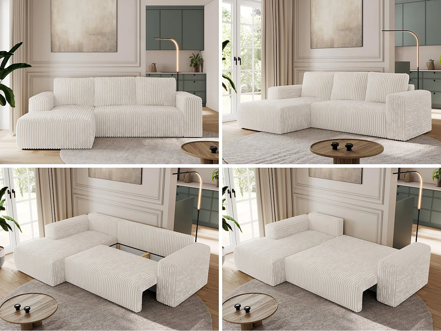 Ecksofa TRENTINO - mit Schlaffunktion und Bettkasten, L-form Couch, lose Kissen und Armlehnen - Beige Cord - Ecke Links