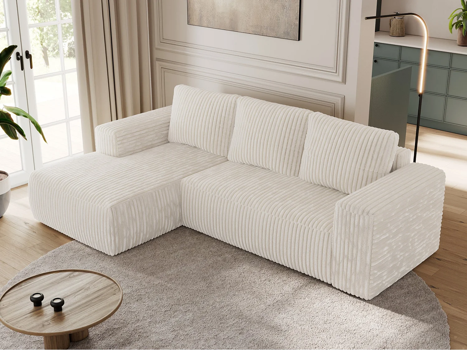 Ecksofa TRENTINO - mit Schlaffunktion und Bettkasten, L-form Couch, lose Kissen und Armlehnen - Beige Cord - Ecke Links