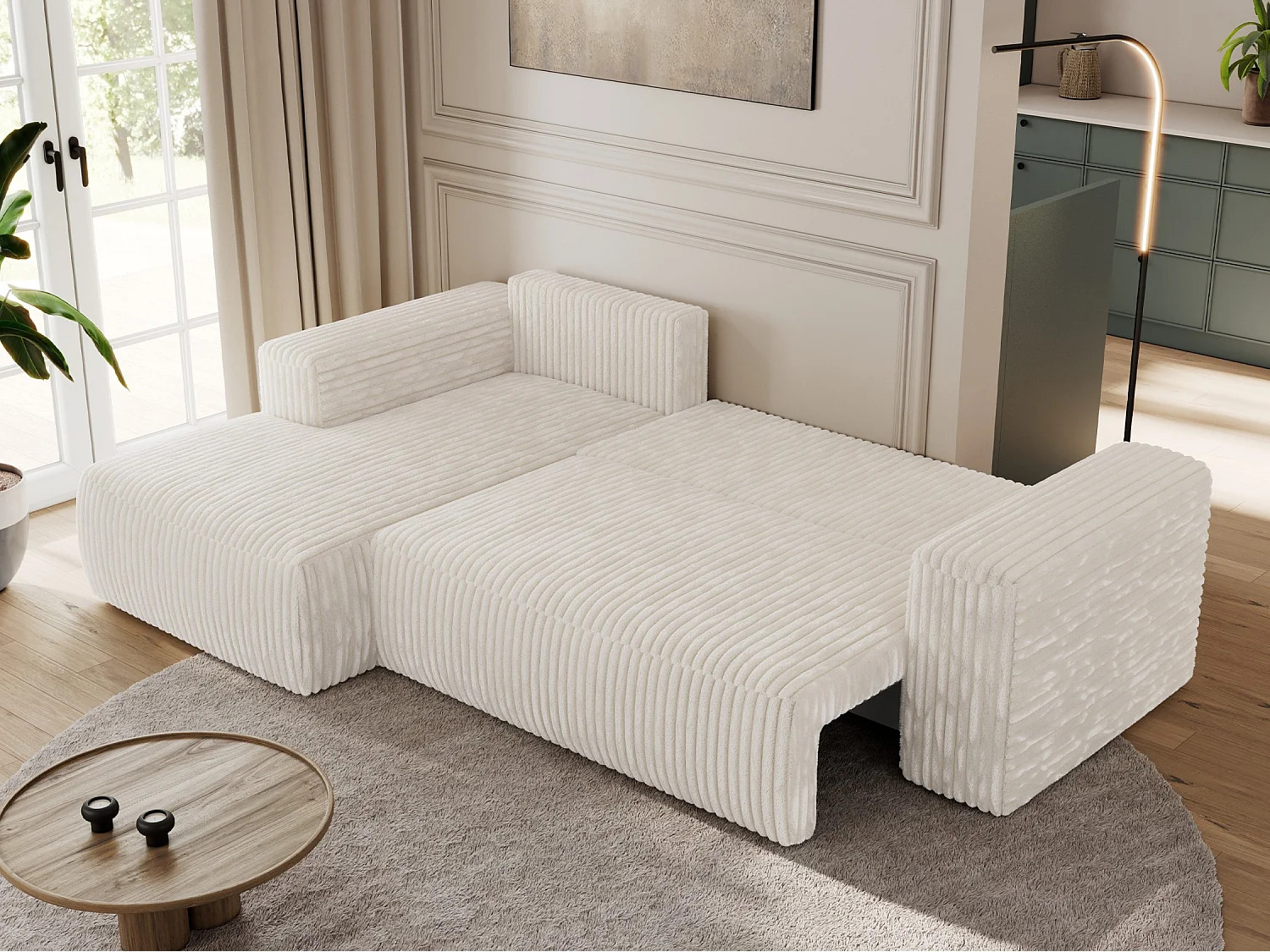 Ecksofa TRENTINO - mit Schlaffunktion und Bettkasten, L-form Couch, lose Kissen und Armlehnen - Beige Cord - Ecke Links