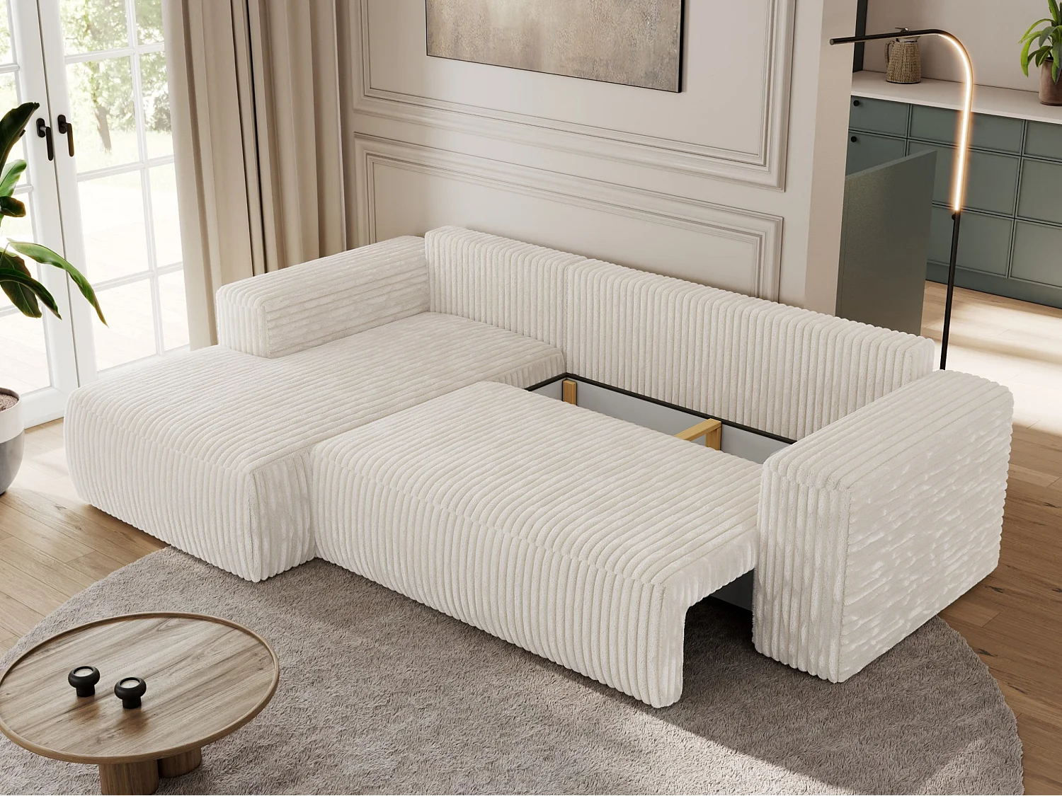 Ecksofa TRENTINO - mit Schlaffunktion und Bettkasten, L-form Couch, lose Kissen und Armlehnen - Beige Cord - Ecke Links