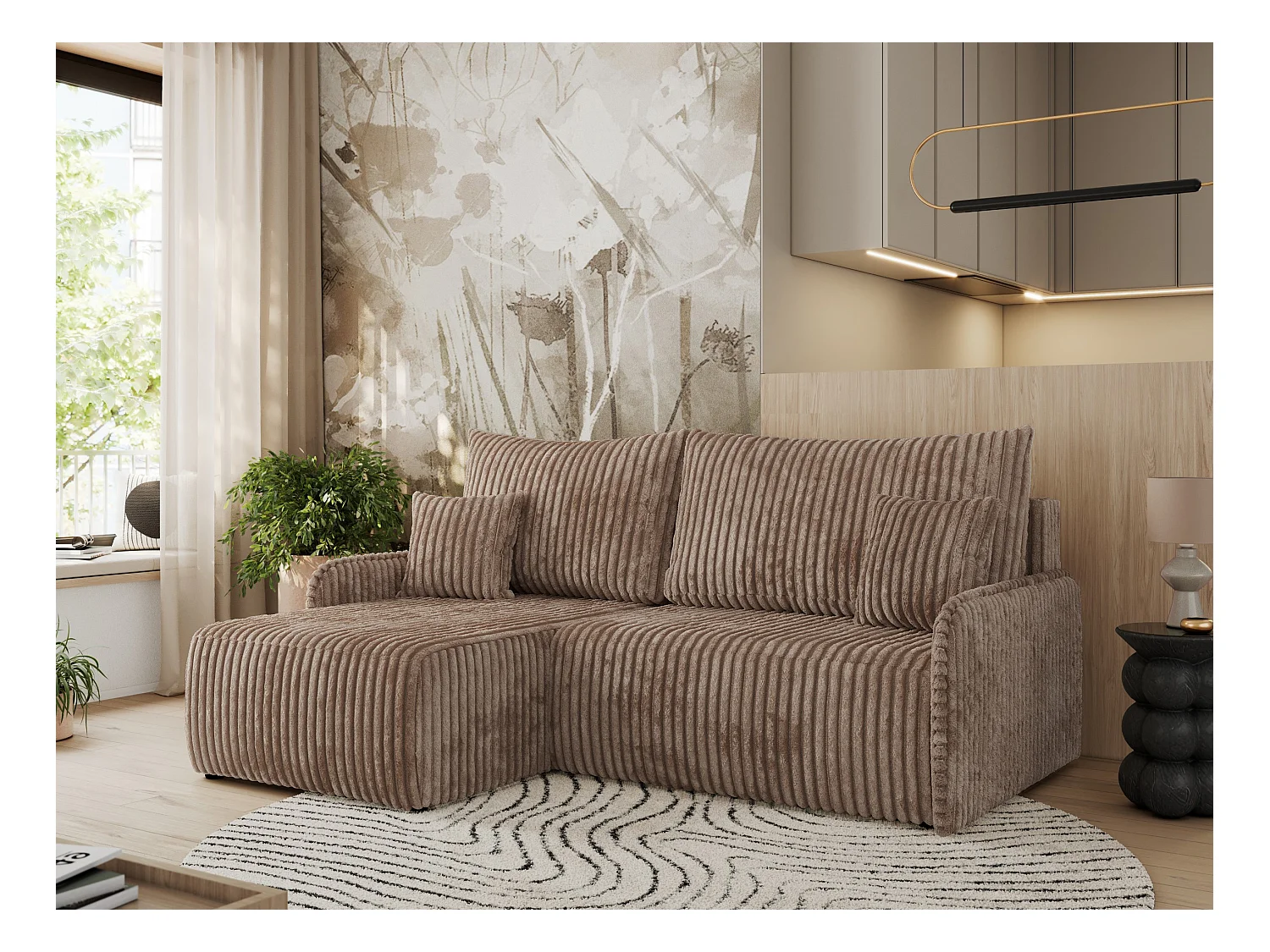 Ecksofa ARPA - L-form Schlaffsofa, Bettkasten und lose Kissen, Armlehnen - Braun Cord - Ecke Links