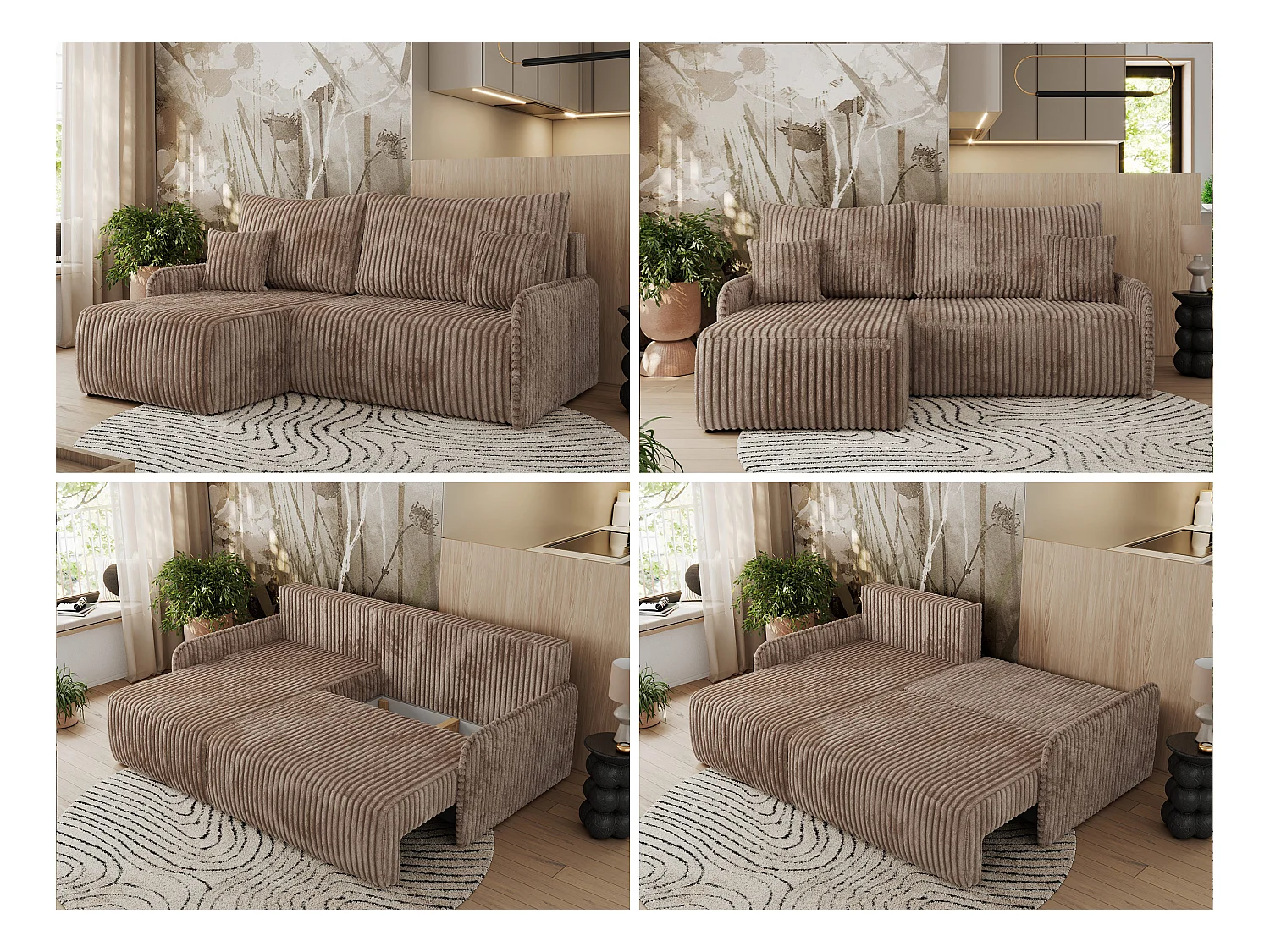 Ecksofa ARPA - L-form Schlaffsofa, Bettkasten und lose Kissen, Armlehnen - Braun Cord - Ecke Links