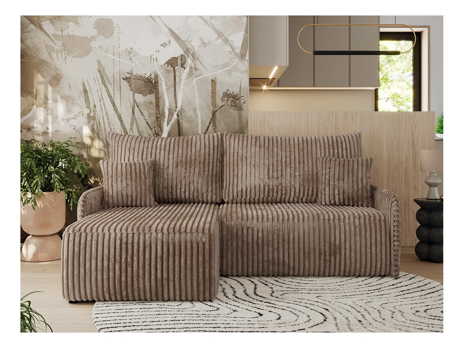 Ecksofa ARPA - L-form Schlaffsofa, Bettkasten und lose Kissen, Armlehnen - Braun Cord - Ecke Links