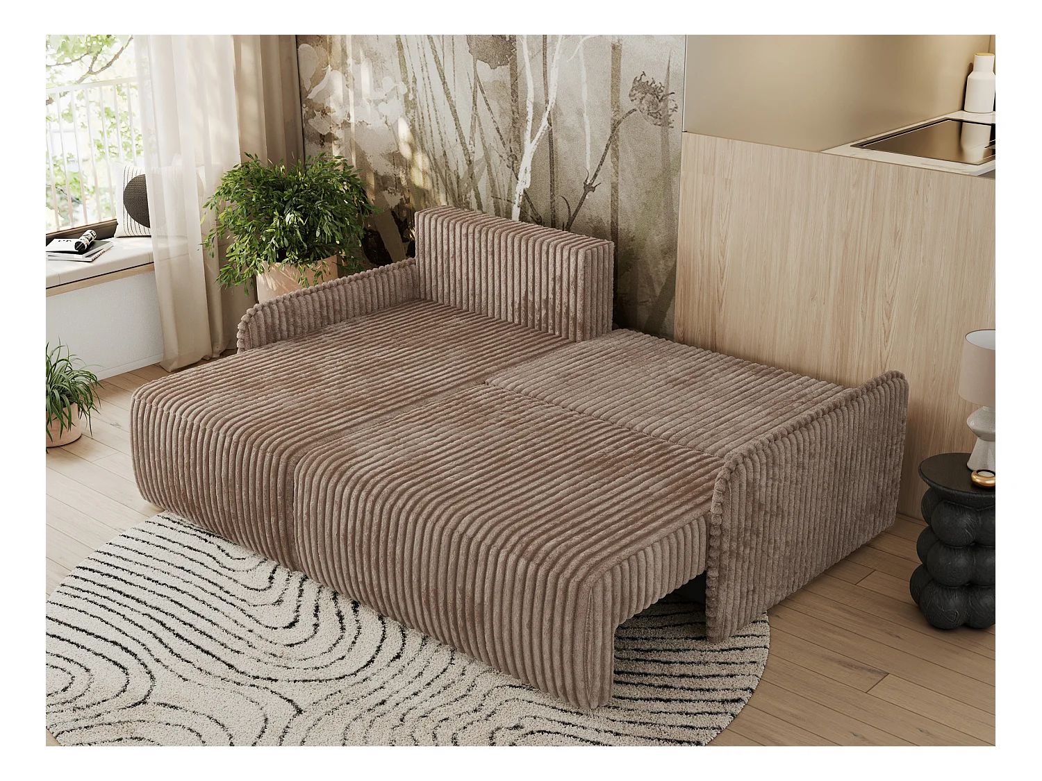 Ecksofa ARPA - L-form Schlaffsofa, Bettkasten und lose Kissen, Armlehnen - Braun Cord - Ecke Links