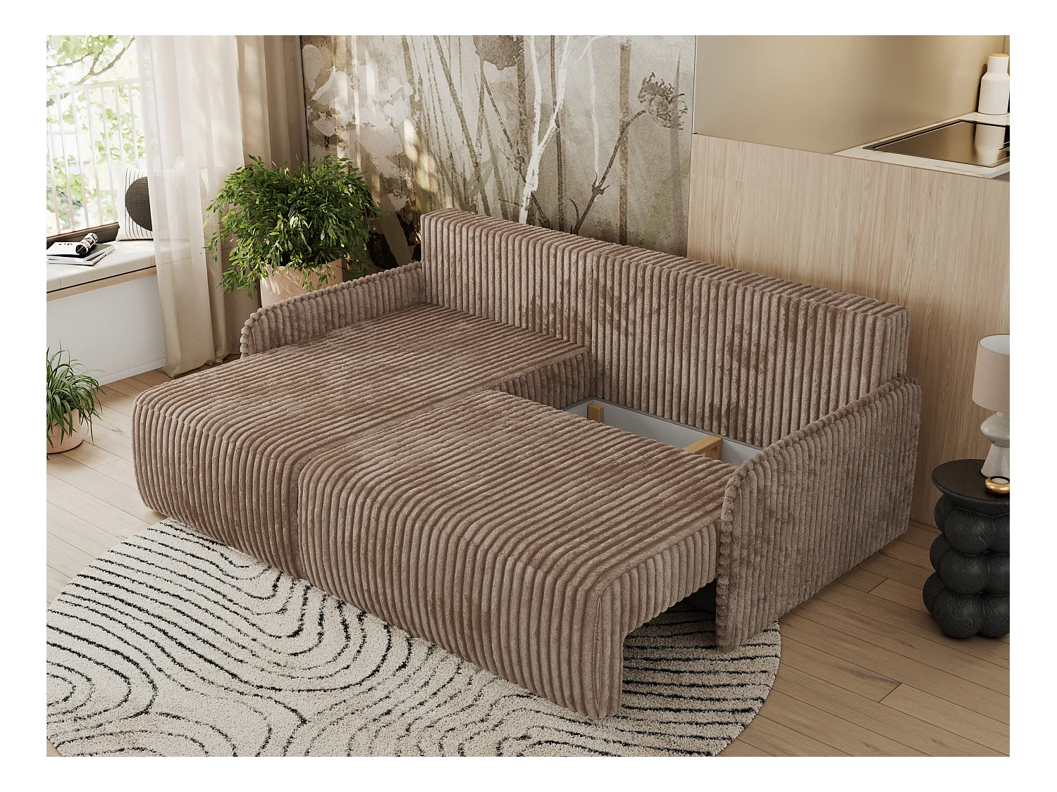 Ecksofa ARPA - L-form Schlaffsofa, Bettkasten und lose Kissen, Armlehnen - Braun Cord - Ecke Links