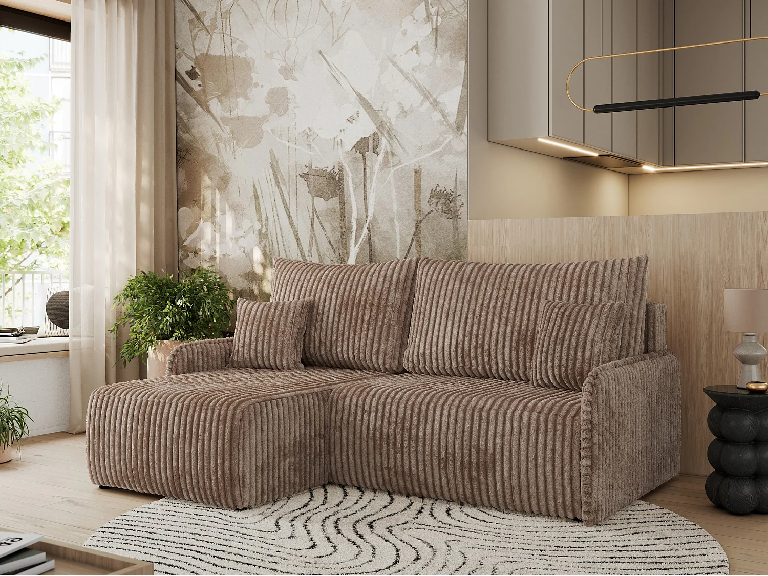 Ecksofa ARPA - L-form Schlaffsofa, Bettkasten und lose Kissen, Armlehnen - Braun Cord - Ecke Links