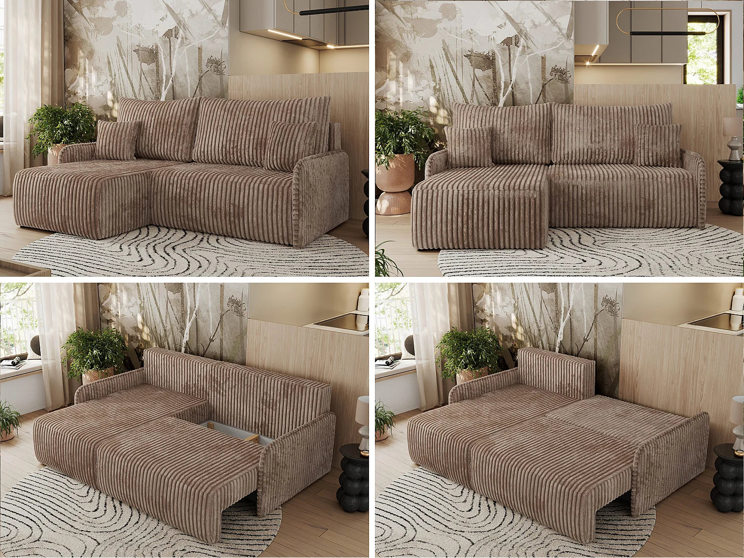 Ecksofa ARPA - L-form Schlaffsofa, Bettkasten und lose Kissen, Armlehnen - Braun Cord - Ecke Links