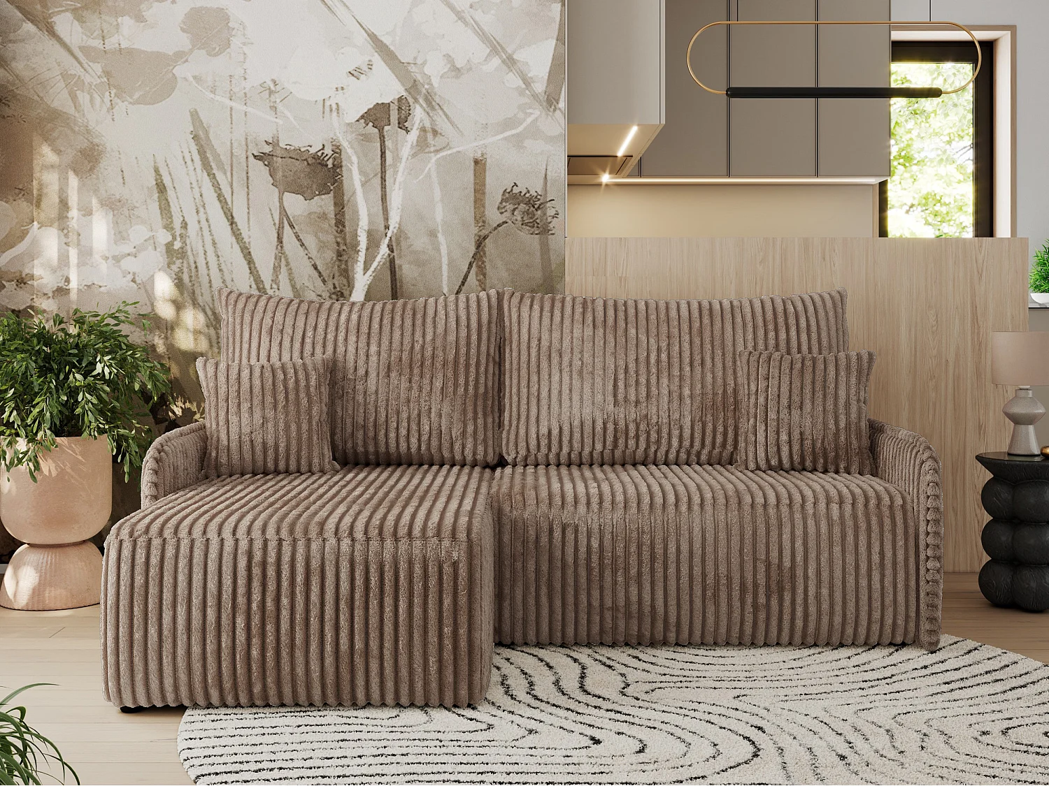 Ecksofa ARPA - L-form Schlaffsofa, Bettkasten und lose Kissen, Armlehnen - Braun Cord - Ecke Links