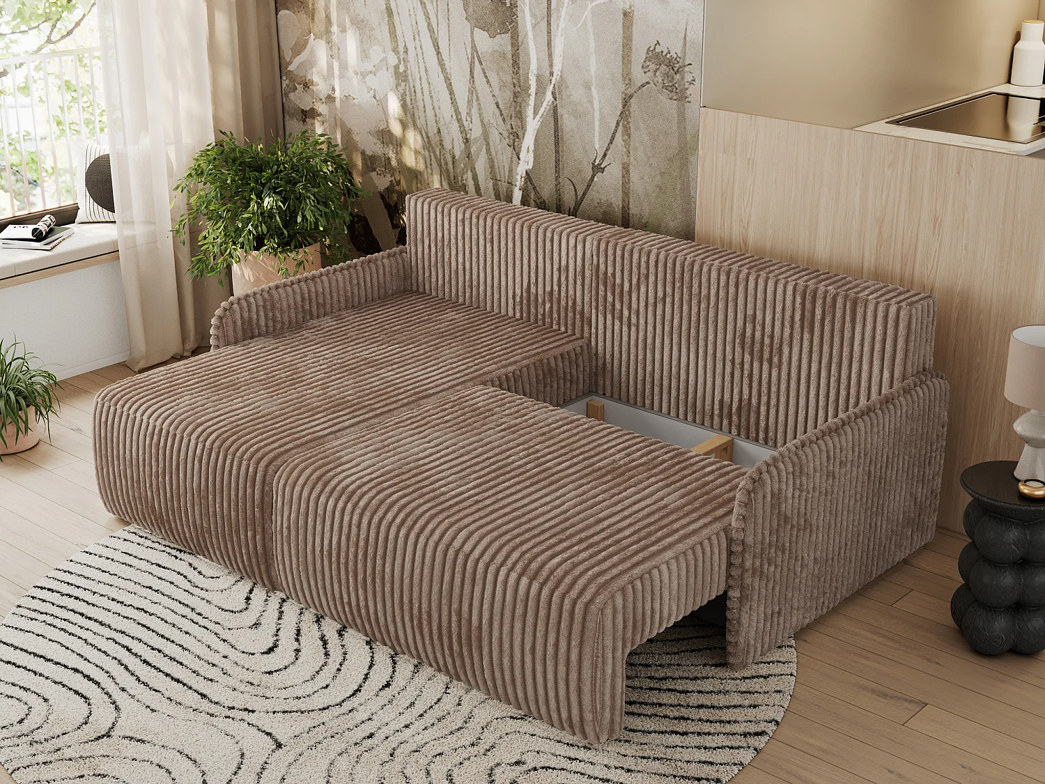 Ecksofa ARPA - L-form Schlaffsofa, Bettkasten und lose Kissen, Armlehnen - Braun Cord - Ecke Links