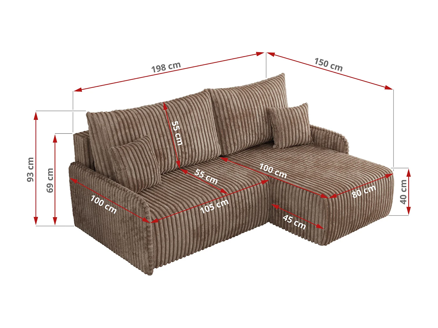 Ecksofa ARPA - L-form Schlaffsofa, Bettkasten und lose Kissen, Armlehnen - Braun Cord - Ecke Links