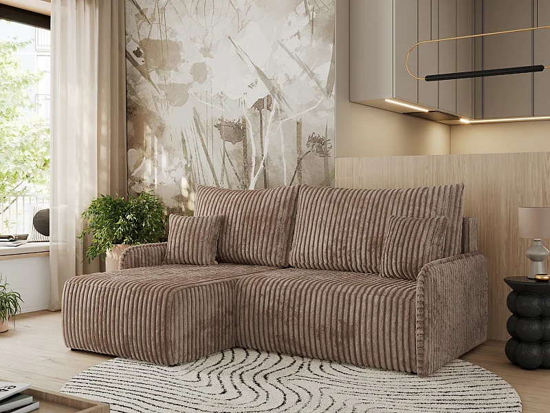 Ecksofa ARPA - L-form Schlaffsofa, Bettkasten und lose Kissen, Armlehnen - Braun Cord - Ecke Links