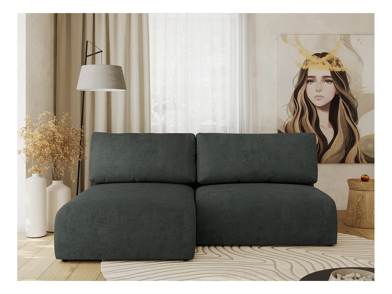 Ecksofa VIVO - L-form Couch mit Schlaffunktion und Bettkasten, Wellenfeder - Dunkelgrau Struktur - Ecke Links