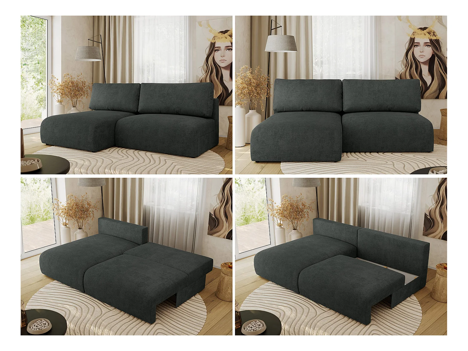 Ecksofa VIVO - L-form Couch mit Schlaffunktion und Bettkasten, Wellenfeder - Dunkelgrau Struktur - Ecke Links