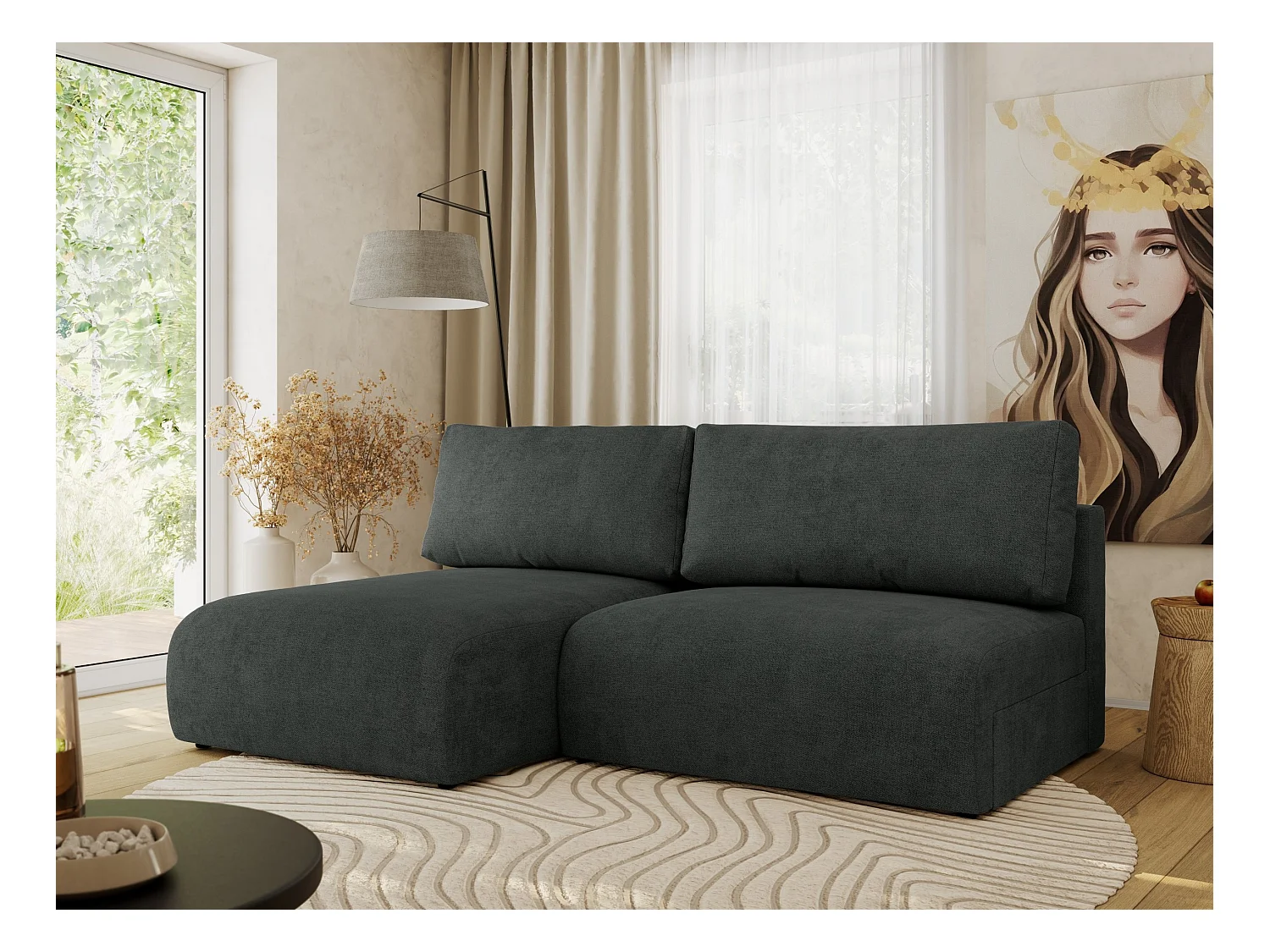 Ecksofa VIVO - L-form Couch mit Schlaffunktion und Bettkasten, Wellenfeder - Dunkelgrau Struktur - Ecke Links