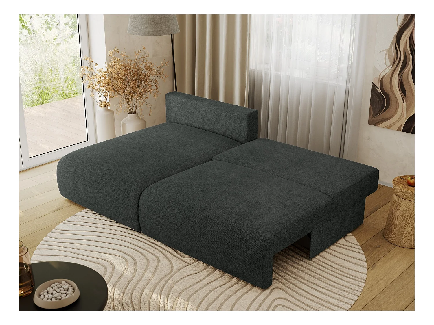 Ecksofa VIVO - L-form Couch mit Schlaffunktion und Bettkasten, Wellenfeder - Dunkelgrau Struktur - Ecke Links