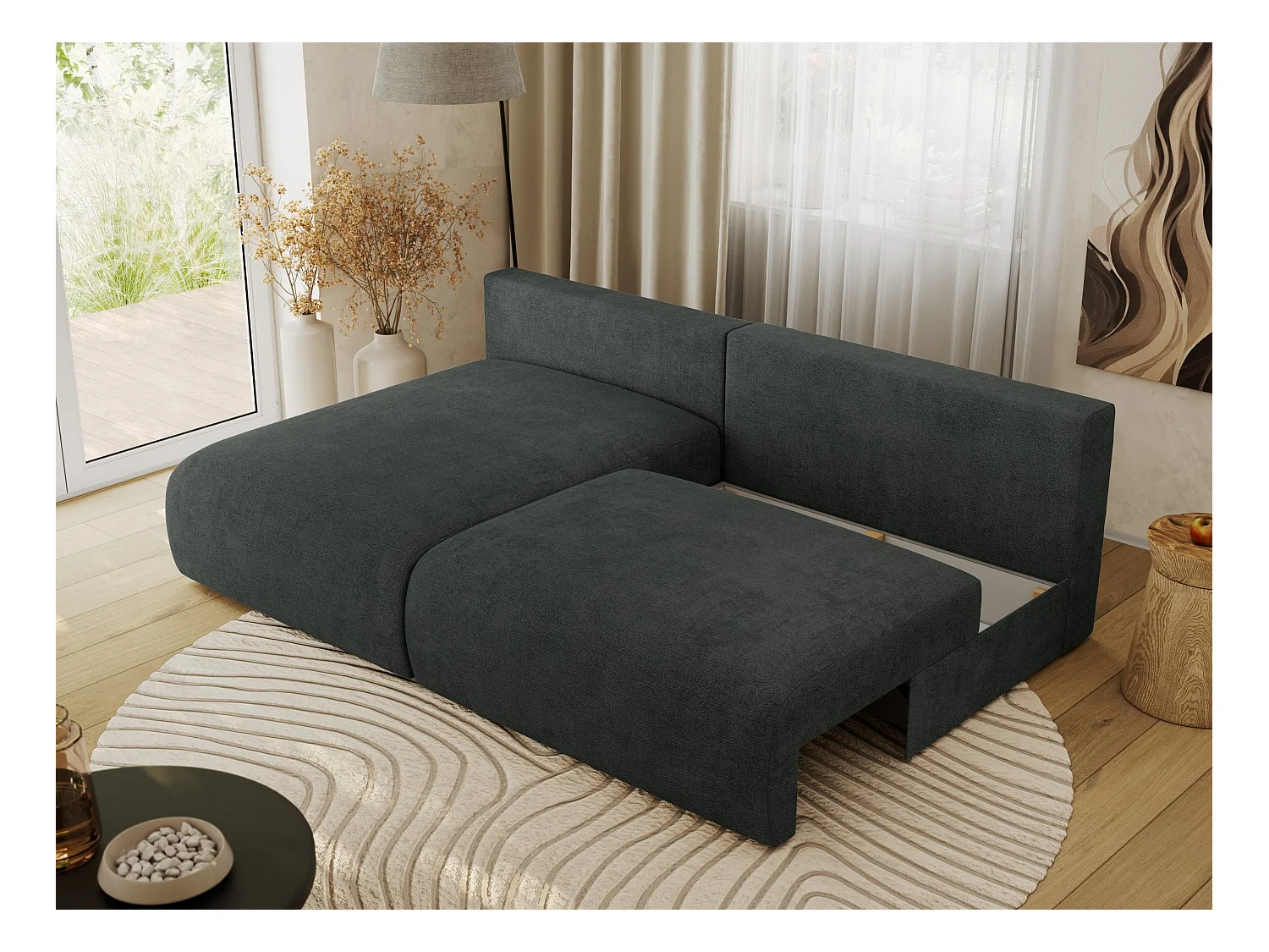 Ecksofa VIVO - L-form Couch mit Schlaffunktion und Bettkasten, Wellenfeder - Dunkelgrau Struktur - Ecke Links