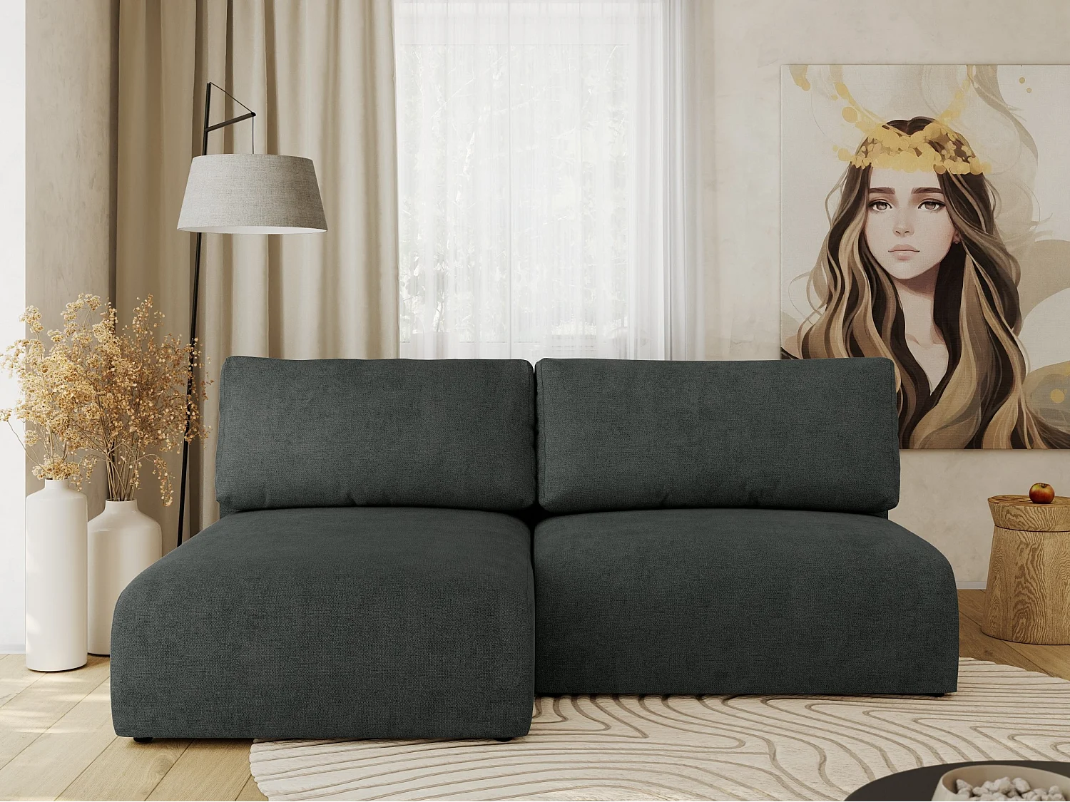 Ecksofa VIVO - L-form Couch mit Schlaffunktion und Bettkasten, Wellenfeder - Dunkelgrau Struktur - Ecke Links