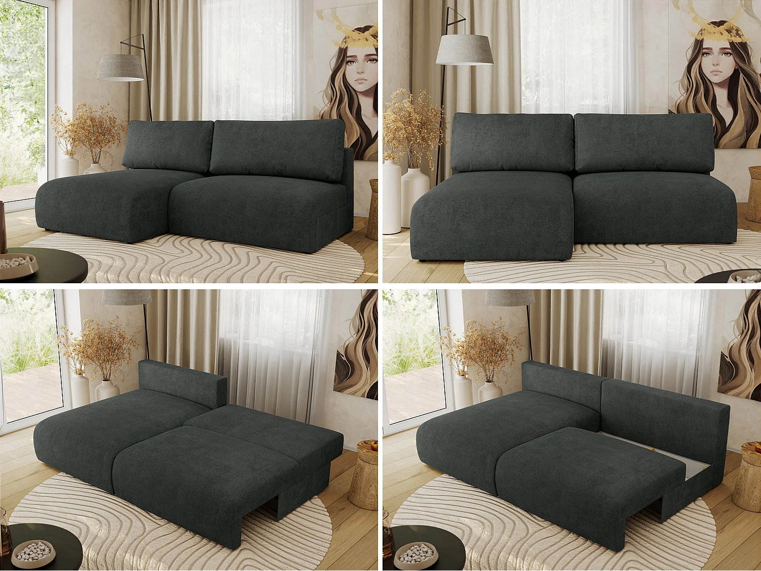 Ecksofa VIVO - L-form Couch mit Schlaffunktion und Bettkasten, Wellenfeder - Dunkelgrau Struktur - Ecke Links