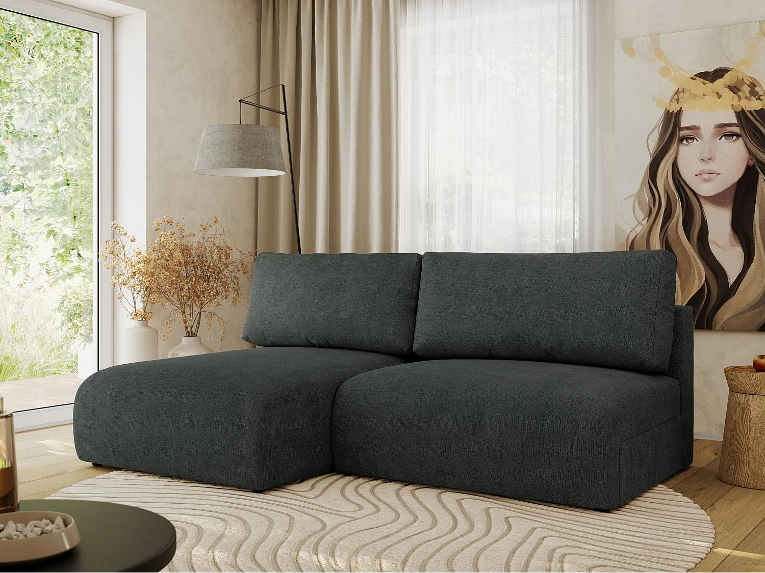 Ecksofa VIVO - L-form Couch mit Schlaffunktion und Bettkasten, Wellenfeder - Dunkelgrau Struktur - Ecke Links