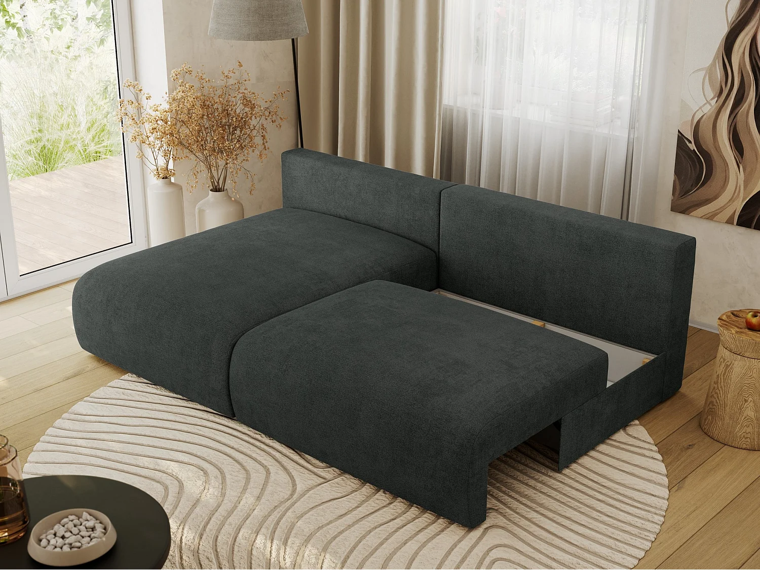 Ecksofa VIVO - L-form Couch mit Schlaffunktion und Bettkasten, Wellenfeder - Dunkelgrau Struktur - Ecke Links