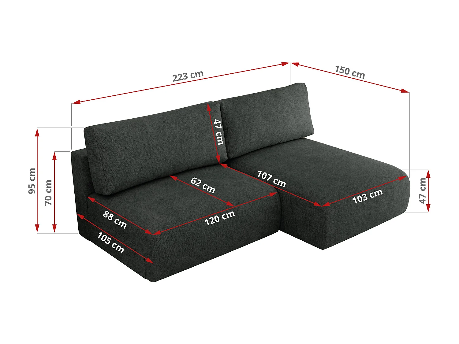 Ecksofa VIVO - L-form Couch mit Schlaffunktion und Bettkasten, Wellenfeder - Dunkelgrau Struktur - Ecke Links