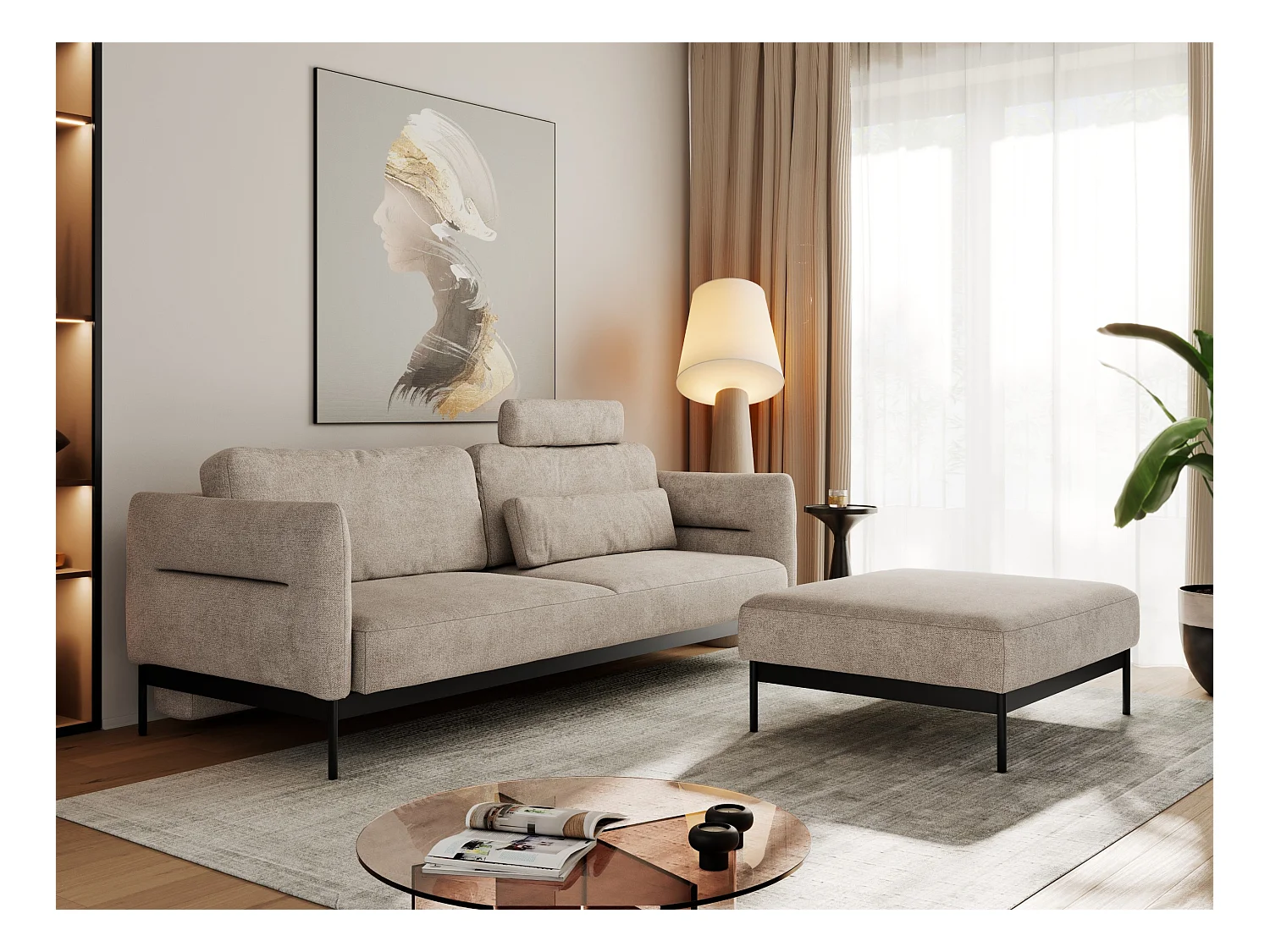 Ecksofa SALENTO - mit Metallbeine, Schlafsofa, mobilen Fußhocker, lose Kissen - Beige Struktur