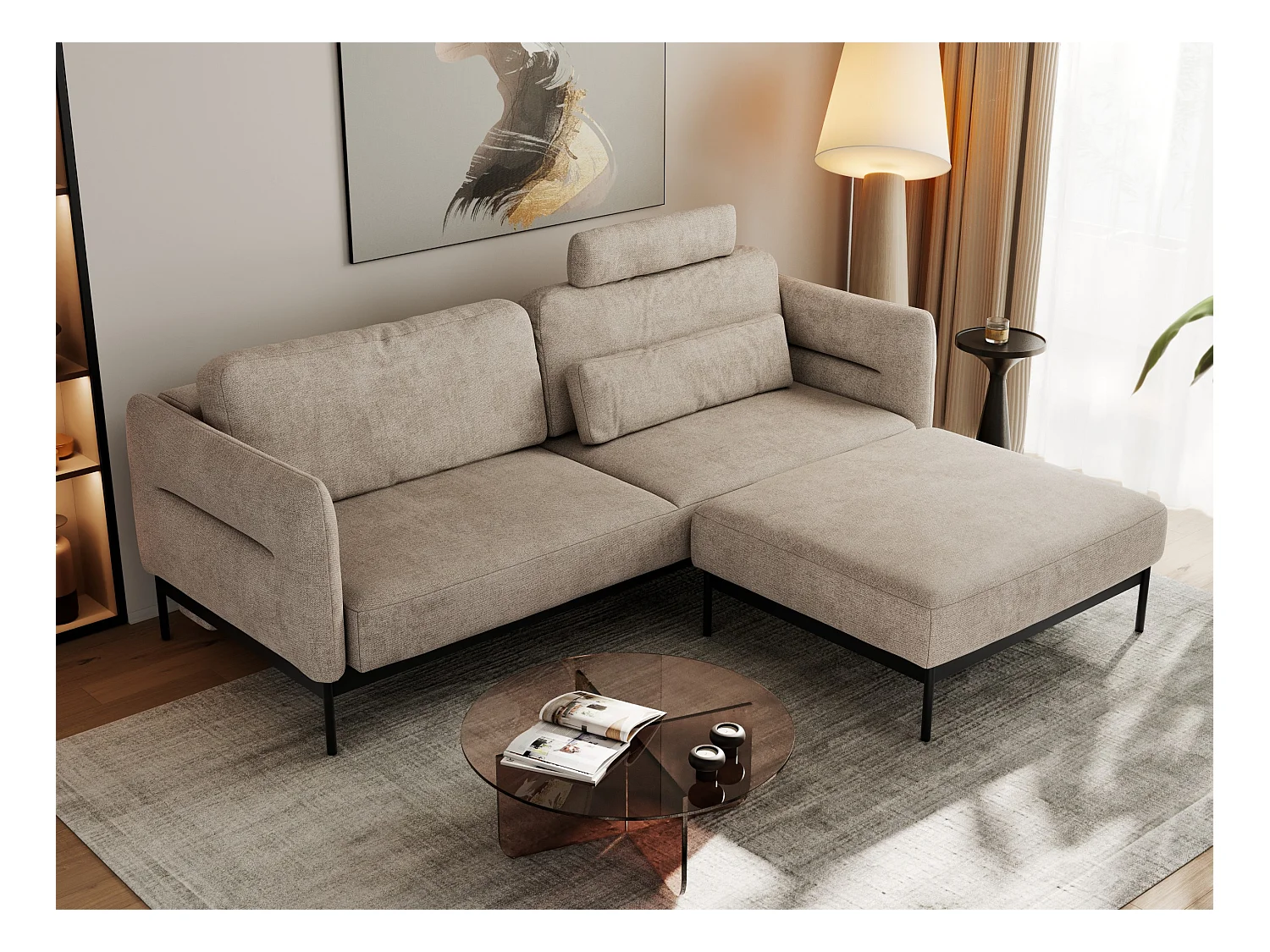 Ecksofa SALENTO - mit Metallbeine, Schlafsofa, mobilen Fußhocker, lose Kissen - Beige Struktur