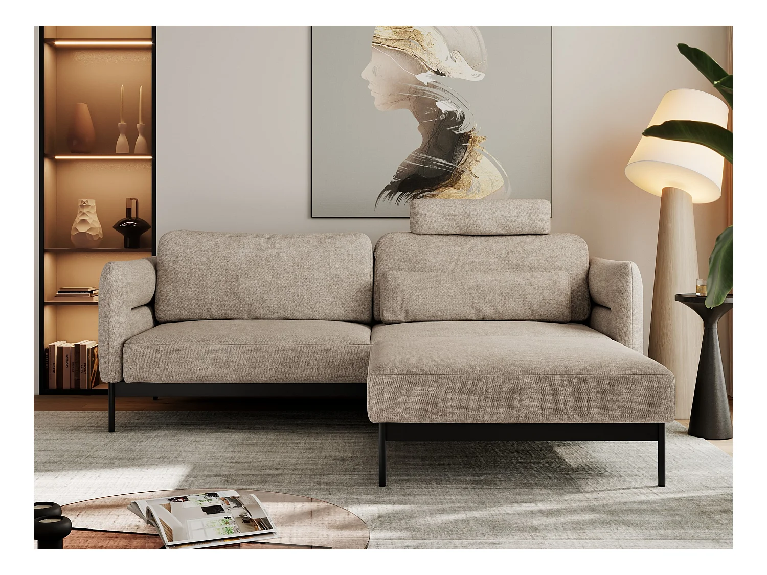 Ecksofa SALENTO - mit Metallbeine, Schlafsofa, mobilen Fußhocker, lose Kissen - Beige Struktur