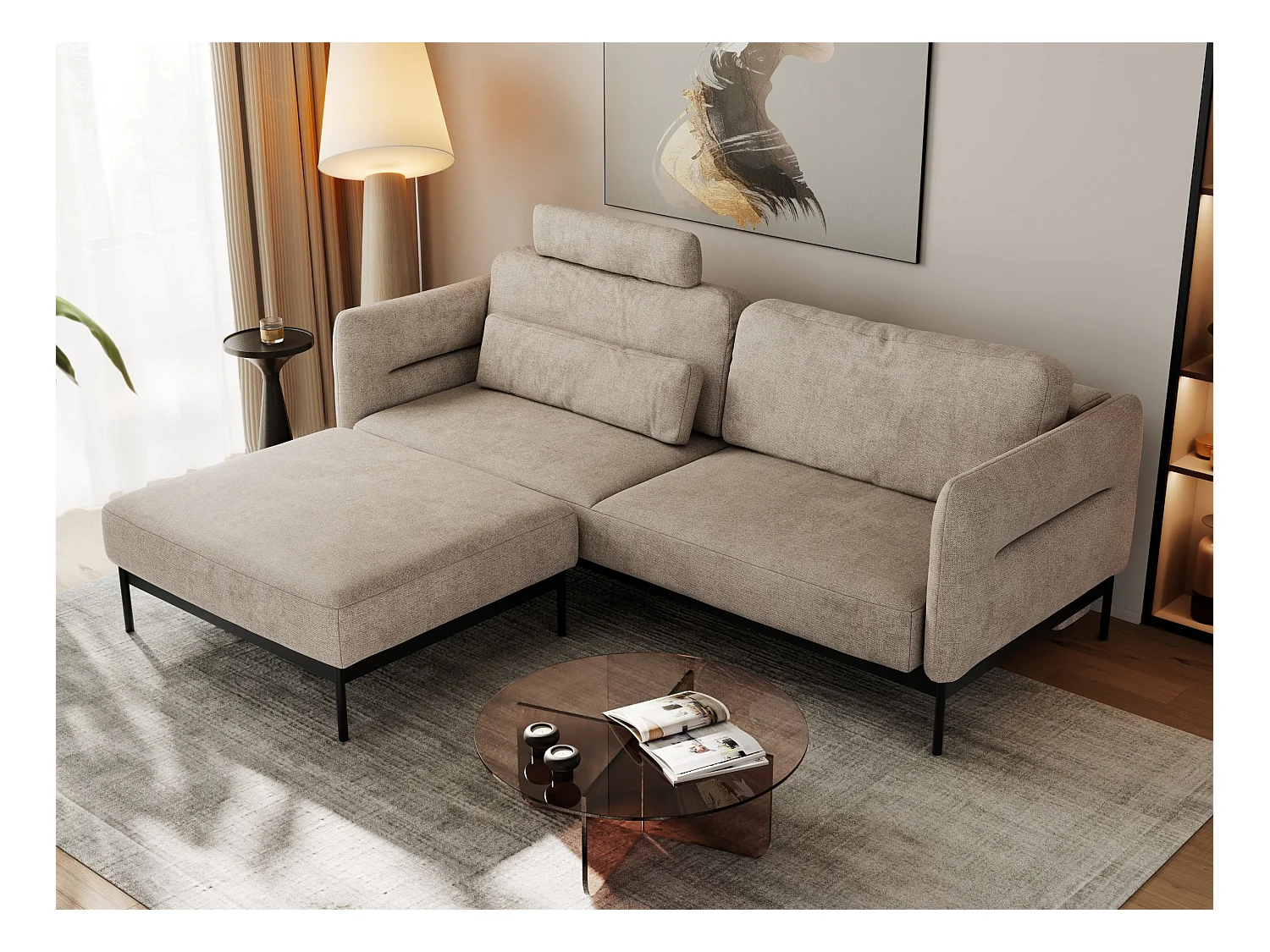 Ecksofa SALENTO - mit Metallbeine, Schlafsofa, mobilen Fußhocker, lose Kissen - Beige Struktur