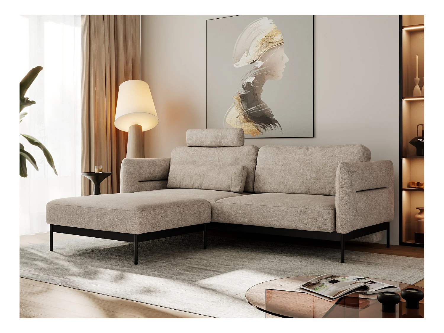 Ecksofa SALENTO - mit Metallbeine, Schlafsofa, mobilen Fußhocker, lose Kissen - Beige Struktur