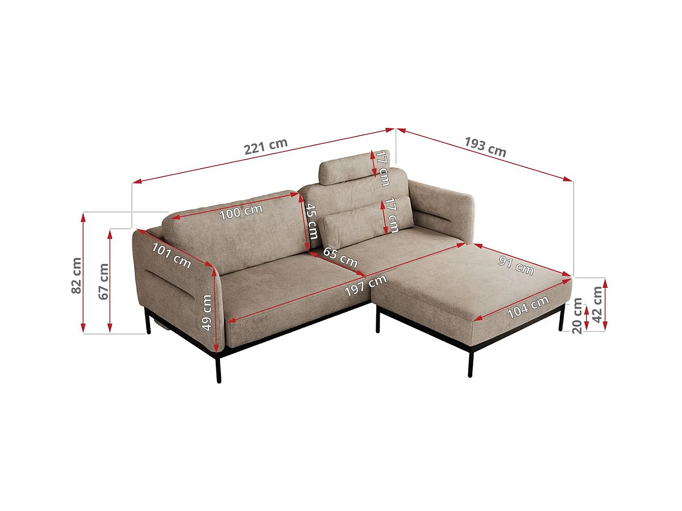 Ecksofa SALENTO - mit Metallbeine, Schlafsofa, mobilen Fußhocker, lose Kissen - Beige Struktur