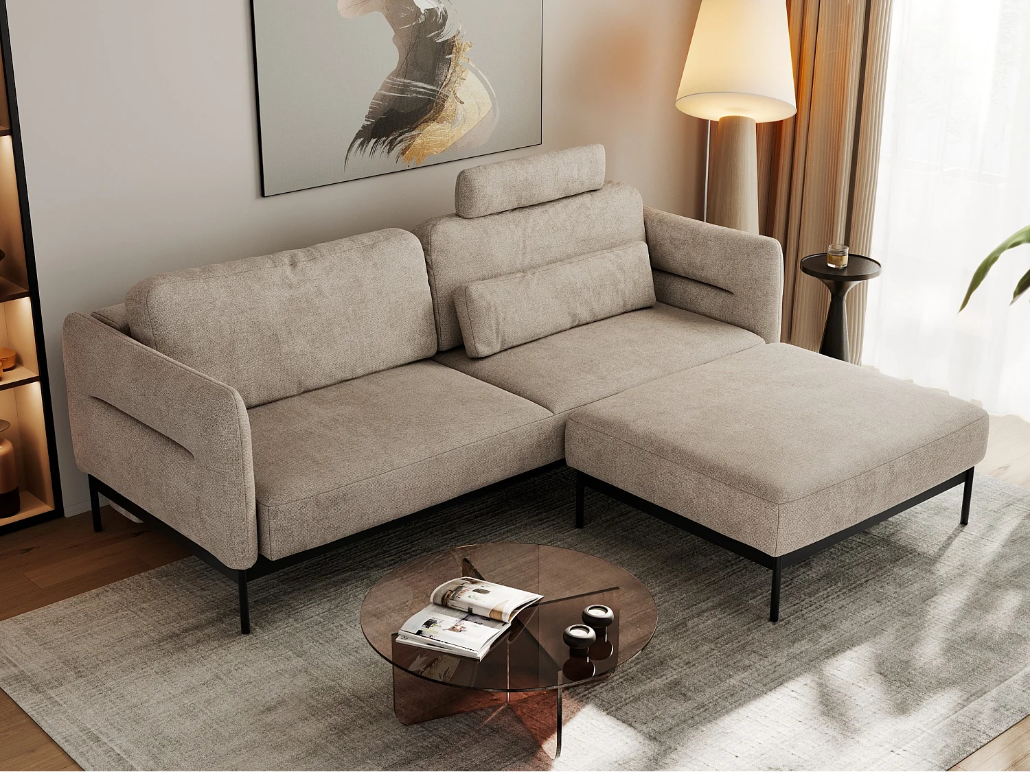Ecksofa SALENTO - mit Metallbeine, Schlafsofa, mobilen Fußhocker, lose Kissen - Beige Struktur
