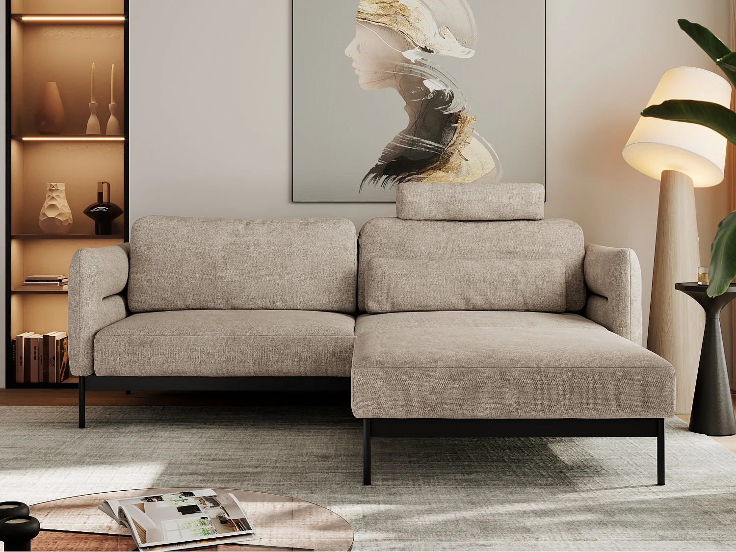 Ecksofa SALENTO - mit Metallbeine, Schlafsofa, mobilen Fußhocker, lose Kissen - Beige Struktur