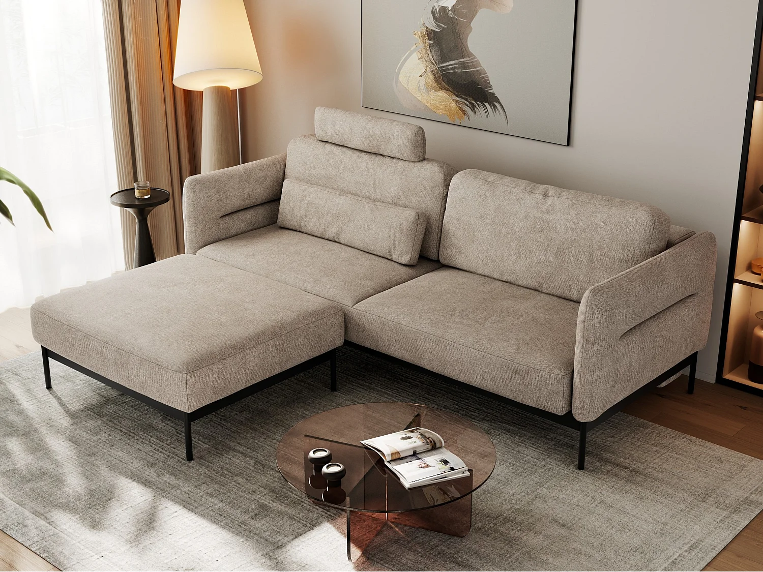 Ecksofa SALENTO - mit Metallbeine, Schlafsofa, mobilen Fußhocker, lose Kissen - Beige Struktur