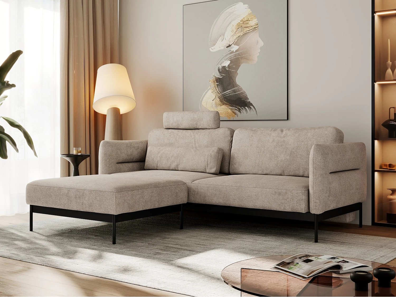 Ecksofa SALENTO - mit Metallbeine, Schlafsofa, mobilen Fußhocker, lose Kissen - Beige Struktur