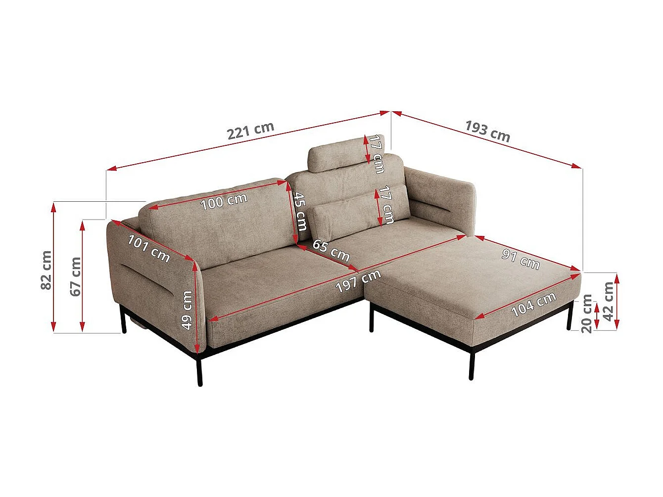 Ecksofa SALENTO - mit Metallbeine, Schlafsofa, mobilen Fußhocker, lose Kissen - Beige Struktur